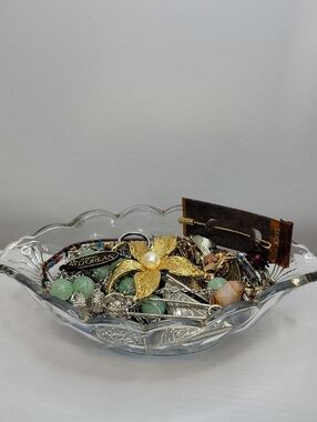 Vintage Jewelry In A Glass Dish